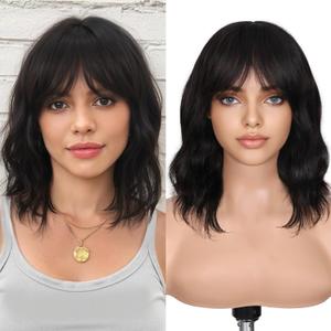 FAVE Natural Wave Human Hair Wigs with Bangs 12" Brazilian Virgin Human Hair 13 HD Lace Top Wig Bob Wig with Bangs Glueless Black Wigs Easy Install