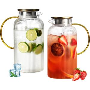 Glass Water Pitcher with Lids and Handles, Hot and Cold Water Bottles, Heat-Resistant Borosilicate Glass Water Jugs, Used for Cold Brewed Tea, Coffee, Lemonade, and Homemade Beverages(2.5L 2PCS)