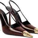 THESHY Womens Slingback High Heels Metal Pointed Toe Leather High Stiletto Heel Pumps Slip on Elastic Strap Fashion Dress Shoes for Women, Size 9, Brown