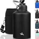 1 Gallon Jug with Handle,128 oz Insulated Water Bottle with Carrying Pouch, Double Wall Vacuum Stainless Steel Metal Bottle,Black
