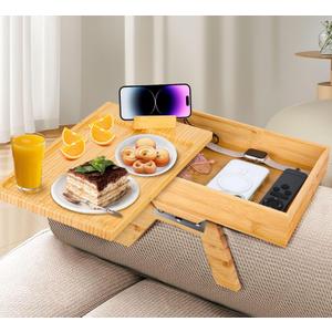 Couch Arm Table for Wide Sofa, 3 in 1 Folding Clip on Side Table with 360 Swivel Phone Holder and Storage Box, Wood Couch Tray Flexible Cup Holder for Drinks, Snacks, Remote