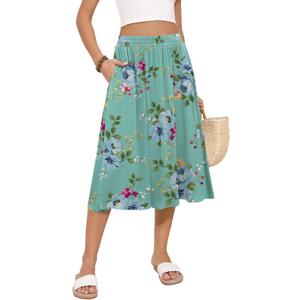 MLXSJ Women's Midi Skirt Summer Flowy Elastic High Waisted Casual Pleated Skirts with Pockets, 3XL