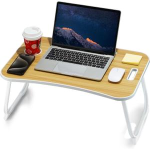 ZEAPTAC Laptop Bed Desk, Foldable Lap Desk, Portable Lap Table, Laptop Stand with Cup Holder & Tablet Slot & Lifting Handle for Working Writing Drawing & Eating - Wood