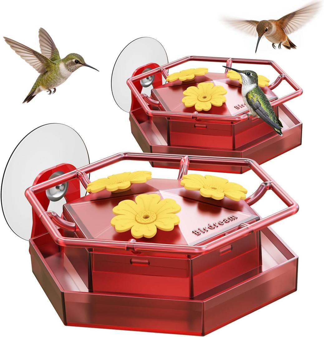 Birdream 2 Pack Window Hummingbird Feeders for Outdoors, Hummingbird Feeder with Strong Suction Cups, Built-in Ant Moat, Easy to Clean & Refill, 8.8oz Total, Red