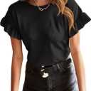 EVALESS Womens Summer Casual Short Sleeve Tops Ruffle Basic T Shirts Round Neck Solid Knit Loose Fit Tee Blouses (Large, Black)