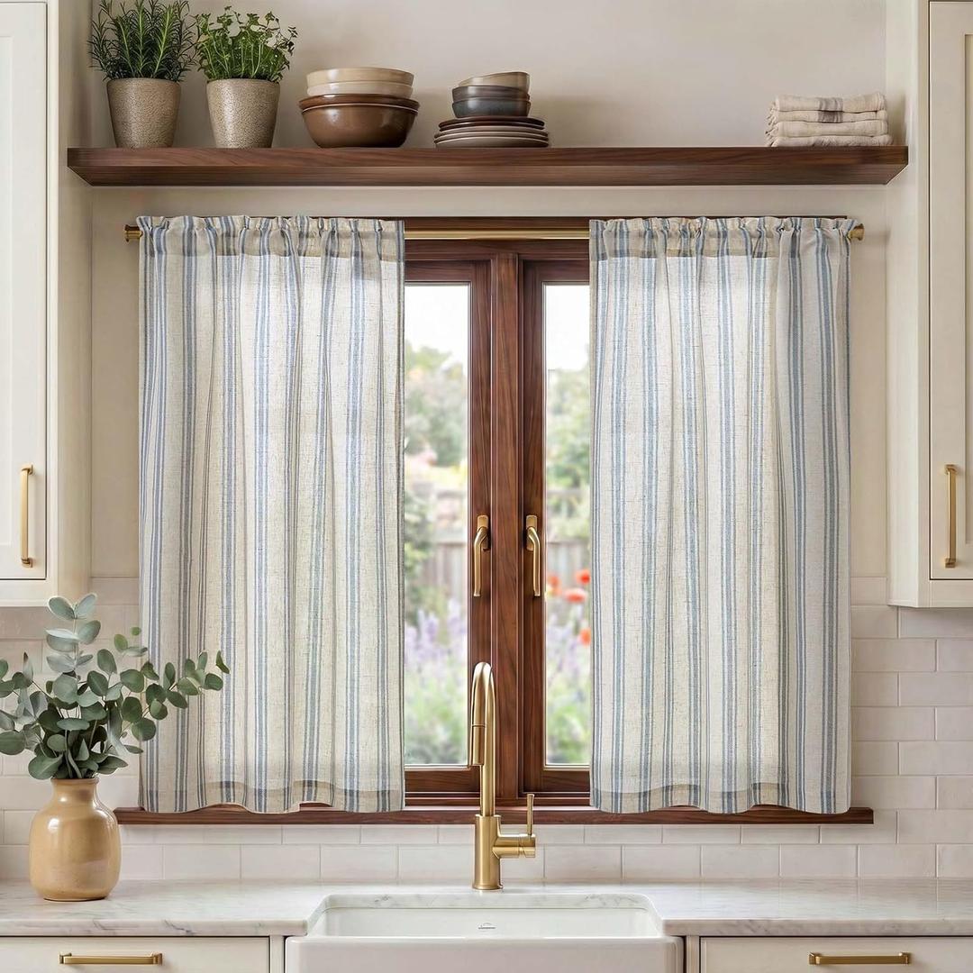 jinchan Striped Linen Kitchen Curtains 45 Inch Cafe Tier Curtains Balanced Stripe Farmhouse Small Drapes for Bathroom Laundry Over Sink Half Window Light Filtering 2 Panels Blue on Linen