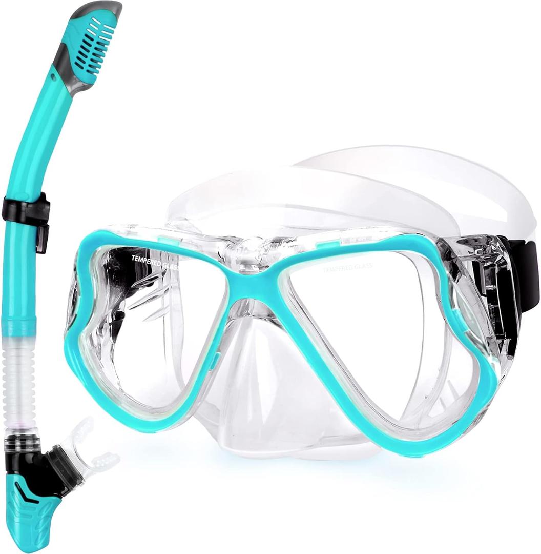 Greatever Dry Snorkel Set,Panoramic Wide View Anti-Fog Scuba Diving Mask,Professional Snorkeling Gear for Adults Kids (Large, Green)