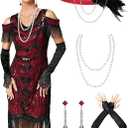 Great Gatsby Dresses 1920s for Women, Vintage Long Fringe Dress Roaring 20s Sequins Beaded Dress with Accessories Set, Medium