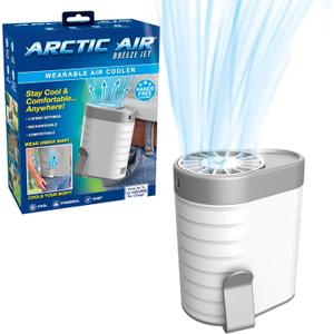 Arctic Air Breeze Jet Wearable Air Cooler, 3-Speed Portable Rechargeable Fan, Long-lasting, Lightweight Clip-On Neck & Waist Fan for Travel, Outdoors, Camping, or Indoor Use