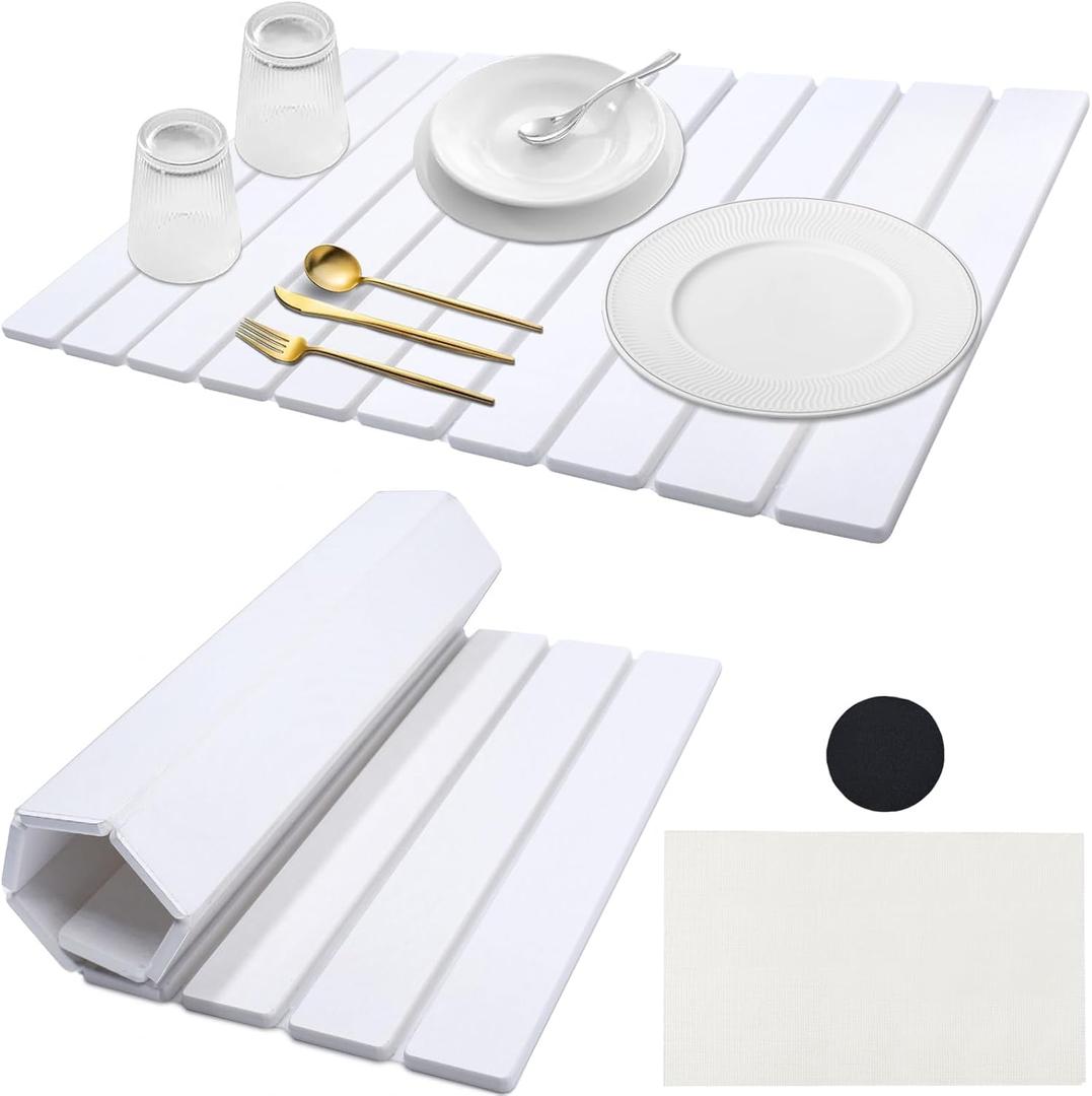 DOUBFIVSY Large Stone Dish Drying Mat for Kitchen Counter, 24"16" Collapsible Kitchen Dish Drying Mat, Absorbent Diatomaceous Earth Bath Mat Quick Dry for Dishes Bottles Cups (White, 24" x 16")