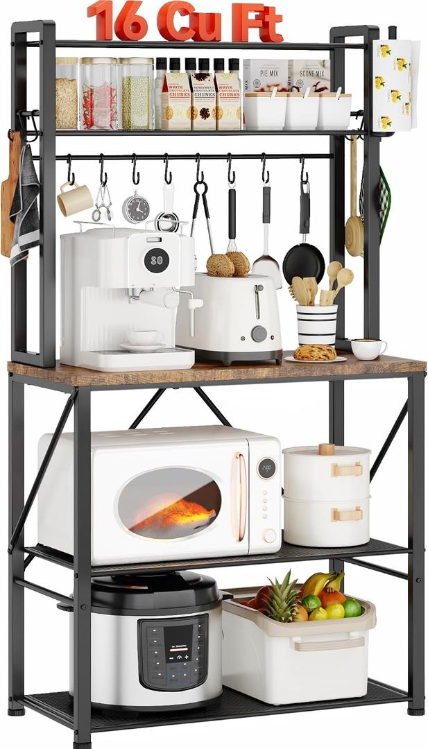 YASONIC Coffee Bar, Bakers Rack with Storage, 25.6 Inches Microwave Stand, 5 Tier Kitchen Shelves Appliance Storage, 12 S Hooks Large Coffee Station for Spices, Pots and Pans, Rustic Brown