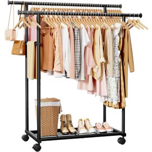 Sakugi Metal Clothes Rack - Double Rod Clothing Rack with Fixed Extension Rod & Universal Wheels, Coat Rack with Built-In Shelf for Closet Organizers and Storage (38.5" x 16.9" x 59.0", Black)