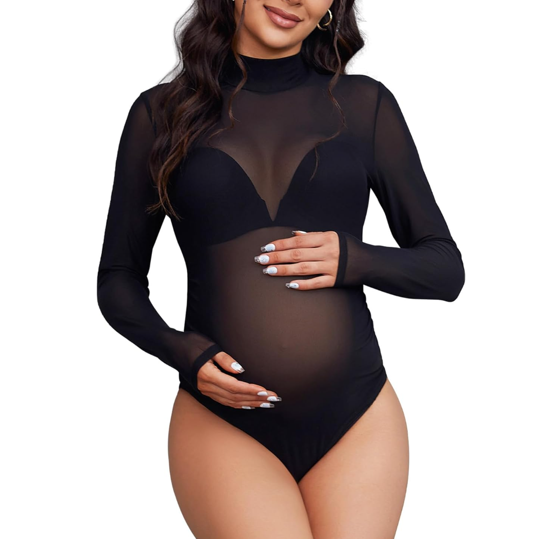 Bhome Mock Neck Maternity Bodysuit for Photoshoot Sheer Mesh Maternity Photography Outfits XL