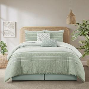 Stratford Park Cotton King Size Comforter Set, Sage Geometric Jacquard Bedding Set, Cozy 6 Piece Bedding Set, Bedskirt, Pillows & Shams, Home Decor