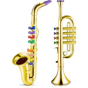 Lewtemi Set of 2 Musical Instruments Include Toy Trumpet and Saxophone Set Plastic Trumpet Educational Christmas Toy Home School Music Gift, Color Keys(Gold)