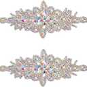 FINGERINSPIRE 2PCS Rhinestone Applique Patches (Silver, 9.5x3.7 inch) Glitter AB Color Crystal Rhinestone Iron On Patches Flower Wedding Belt Applique Hotfix Patches for Women Bridal Dress