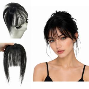 Anemone Human Hair Clip in Bangs for Women 3D Silk Lace Base Fringe Hairpiece Natural Fake Bangs Hair Extension for Receding Hairline & Daily Wear (Silk Base, Black)