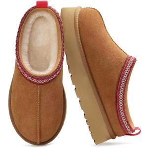 HOWILIM Genuine Suede Platform Slippers for Women Fuzzy Winter Warm Shoes Indoor Outdoor, Size 6
