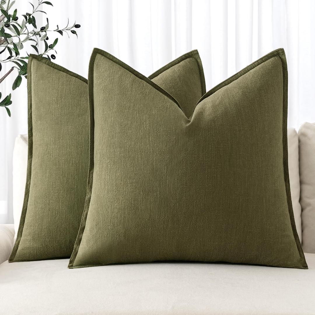 MIULEE Decorative Linen Pillow Covers 16x16 Inch Olive Green Boho Farmhouse Neutral Couch Throw Pillows for Bed Pack of 2 Accent Outdoor Pillowcase Modern Sofa Cushion Livingroom Home Decor