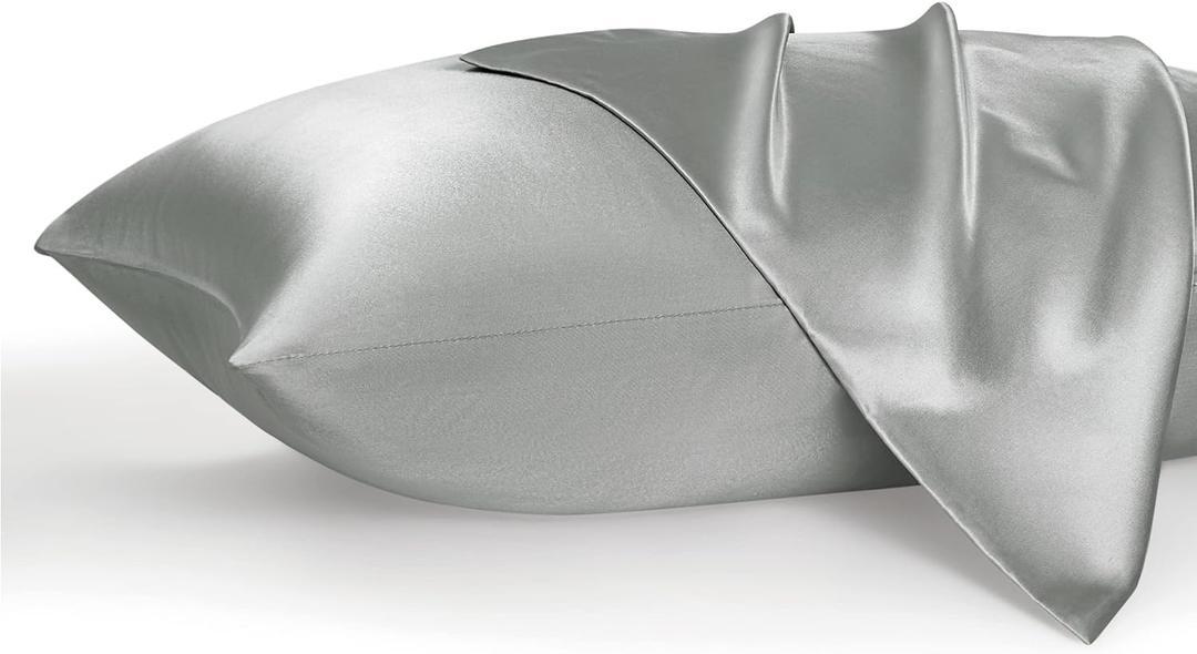 Bedsure Satin Pillowcases, Similar to Silk Pillow Cases Queen Size Set of 2, Cooling Pillow Case for Hot Sleepers with Envelope Closure, Gifts for Women Men, Silver Grey, 20x30 Inches (Queen (20" x 30"), 01 - Silver Grey)