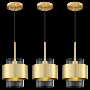 3 Pack 1 Light Hanging Indoor Kitchen Island Cord Pendant Ceiling Light Fixture,5.5" Drum Clear Glass Chandelier Shade Brushed Bronze Finish Modern Farmhouse Dinning Over Sink