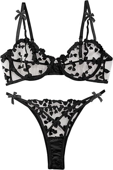 Lilosy Sexy Underwire Cute Push Up Strappy Embroidered Mesh Sheer Lingerie Set See Through Panty Bra
Small