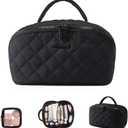 LOVEVOOK Travel Makeup Bag for Women, 1Pcs Set Puffer Waterproof Cosmetic Organizer, Large Capacity Pouch Open Flat Toiletry Bag with Divider & Handle, Portable Gift for Her, Black