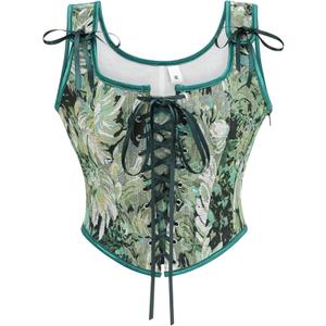 Women's Vintage Floral Print Vest Renaissance Corset Lace Up Fishbone Bustier Tops Pirate Costume (Large, Green)