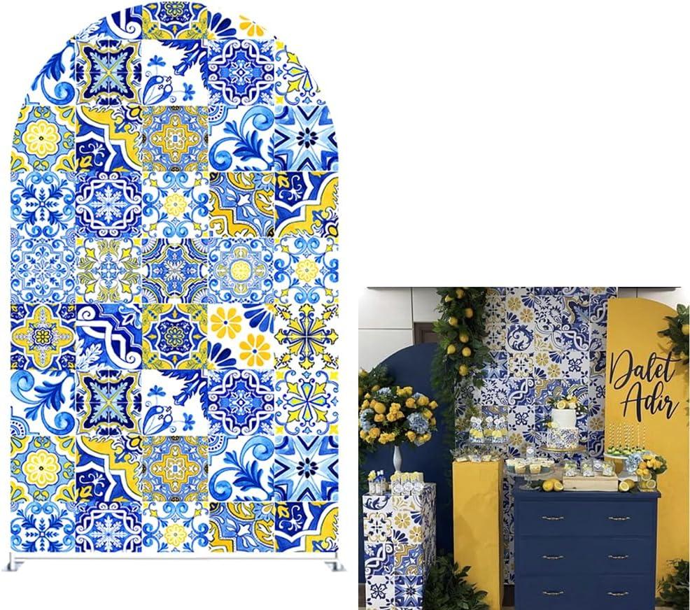 Mediterranean Positano Tile Porcelain Arch Backdrop Cover for Wedding Bridal Shower Birthday Party Decoration,Elastic Spandex (7.2FT (7.2x4ft),1179)