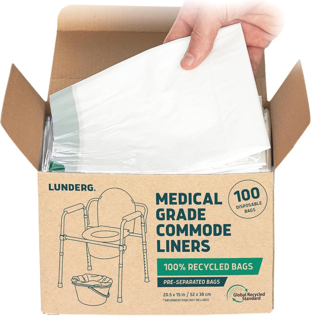 Lunderg Recycled Commode Liners - 100 Environment Friendly Portable Toilet Bags - Medical Grade Bedside Commode Liners Disposable - Universal Fit & Easy to Use - Absorbent Pads Not Included