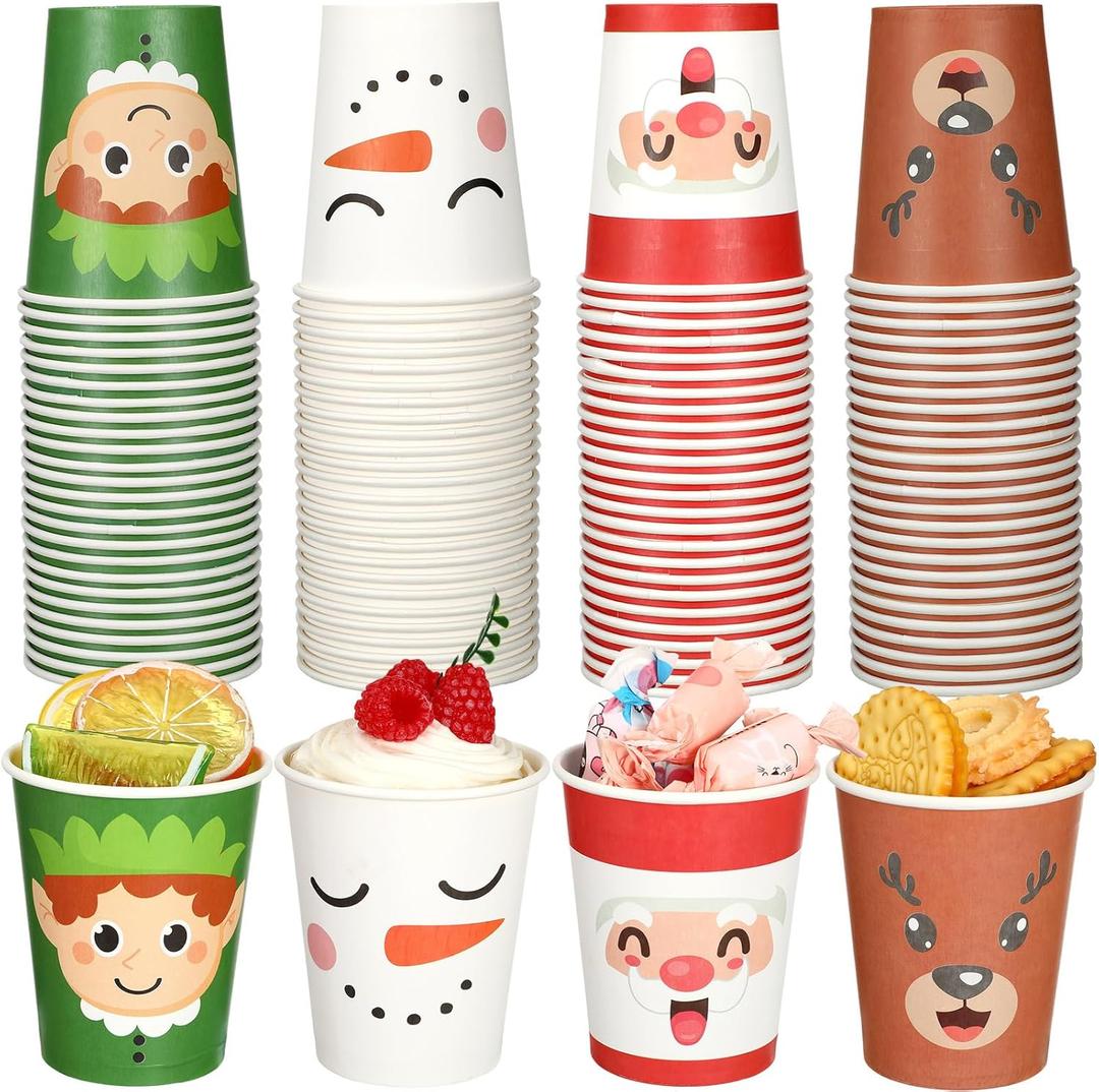 Yaomiao 100 Pcs Christmas Face Paper Cups, 9 oz Disposable Coffee Cup Santa Snowman Elk Elf Christmas Cups Xmas Party Drinkware Supplies for Drinking Tea Cocoa Cold Hot Drinks Holiday Xmas Daily Use