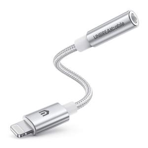UNBREAKcable Headphones Adapter for iPhone, MFi Certified Lightning to 3.5mm Jack Converter with Apple Original Chip Compatible for iPhone 14/13/12/11/Pro/SE/Xs MAX/XR/X/8/iPad/iPod - Silvery