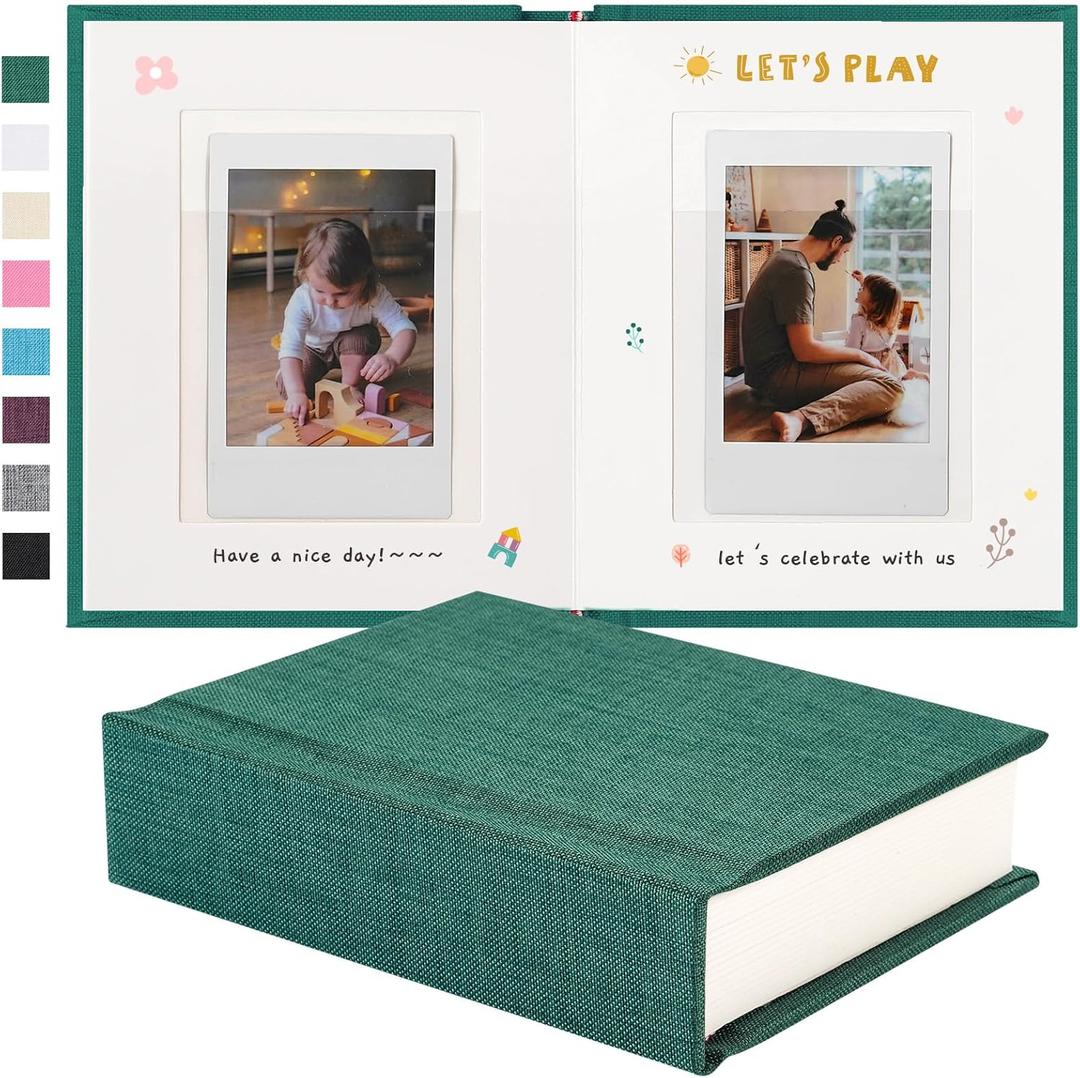 Instax Mini Photo Album With Writing Space, Linen Hardcover Polaroid Photo Album 28 Pockets For 2x3 Pictures, Polaroid Album Book For Fujifilm Instax Mini Instant Camera (Green)
