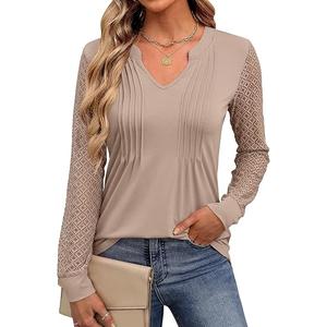 ANRABESS Women Long Sleeve Shirts V Neck Pleated Tunic Top Business Dressy Casual Blouse 2025 Fall Fashion Outfits, Khaki, L
