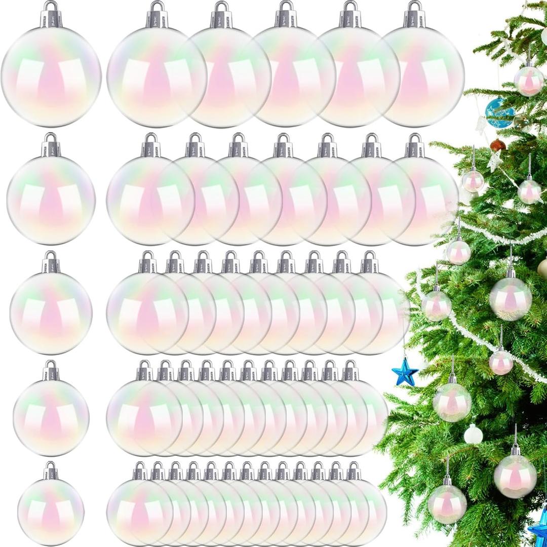 50 PCS Christmas Iridescent Ornaments,Clear Plastic Bubbles Hanging Filled Ornaments,Christmas DIY Hanging Rainbow Ball 5 Different Sizes for Xmas Tree Wedding Party Birthday Home Decorations