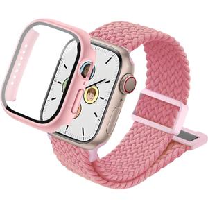 Compatible with Kids Apple Watch Band and Case 38mm 40mm 41mm 42mm 44mm 45mm, Nylon Elastic Solo Loop and Protective Cover with Screen Protector for iWatch Series 9 8 7 SE3 SE2 SE 6 5 4 3 2 1