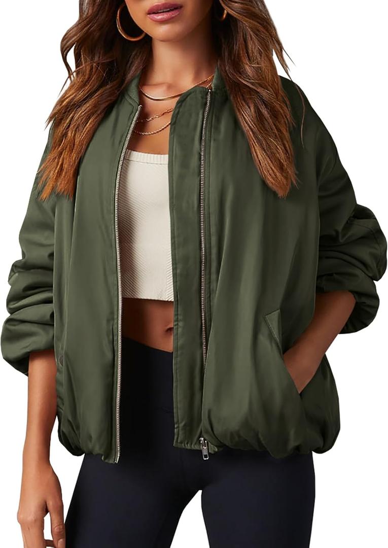 Tankaneo Womens Zip Up Bomber Jacket Oversized Fashion Casual Fully Lined Winter Coats With Pockets (Small, Army Green)