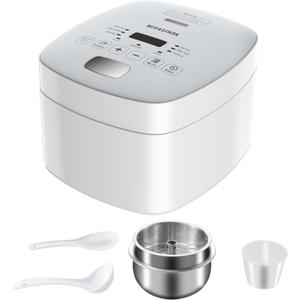 Novaspark Low Carb Rice Cooker Stainless Steel Inner Pot, Mini Stainless Steel Rice Cooker Small 5 Cup, LED Display Low Sugar Rice Maker, 24H Timer and Auto Keep Warm, White Rice/Porridge/Oatmeal, White