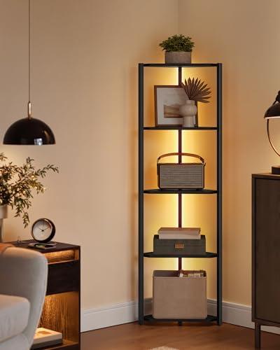 VASAGLE Corner Shelf Stand with LED Lights, 5-Tier Corner Bookshelf, Storage Shelf with Steel Frame, 9.8 x 18.9 x 57.7 Inches, for Living Room, Bedroom, Study, Ebony Black ULBC590B01