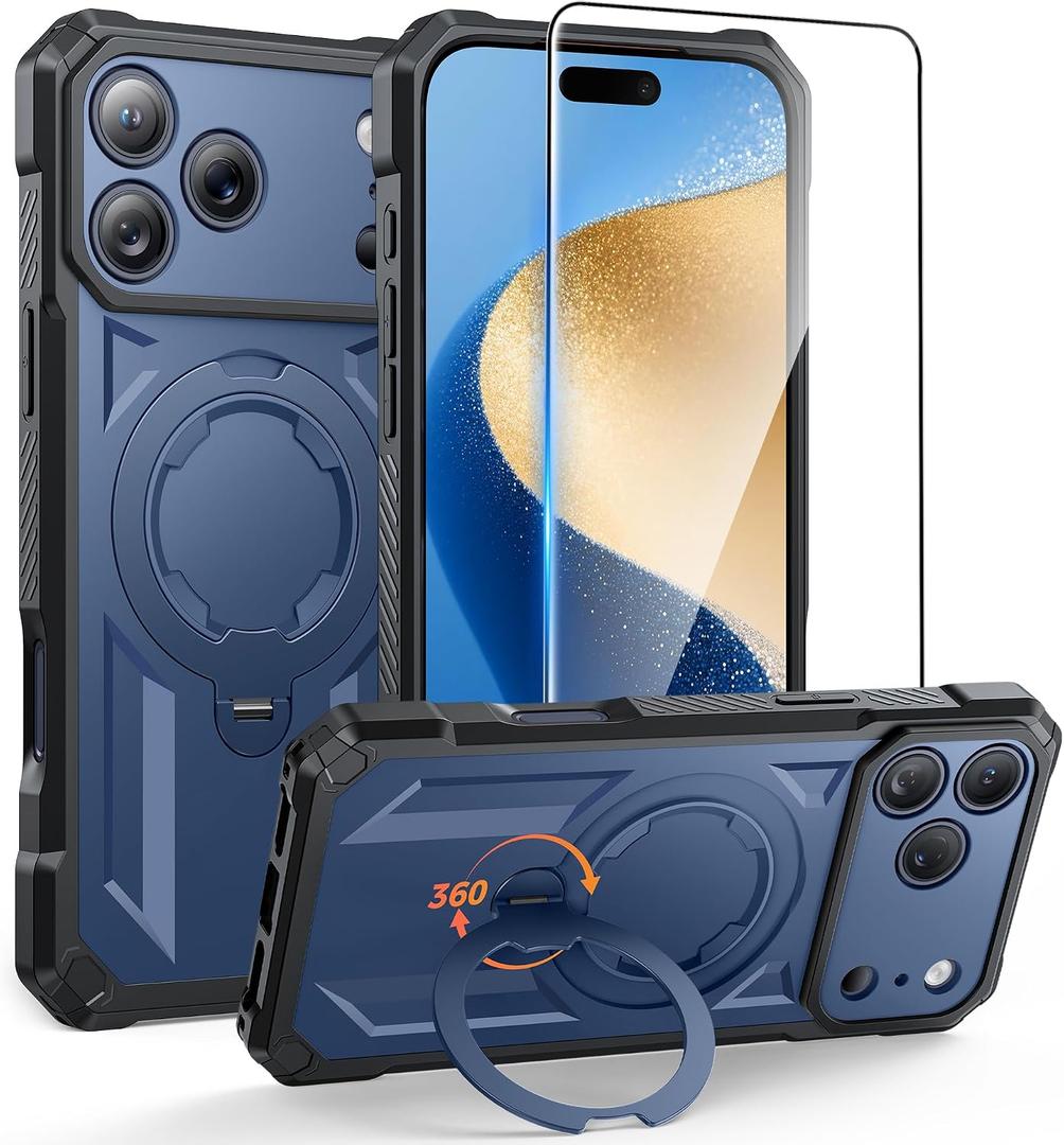 FNTCASE for iPhone 17 Pro Case: [360 Spin Magnetic Ring Kickstand] [Compatible for MagSafe] [Screen Protector] Heavy Duty Military Grade Protection Protective Phone Case with Stand Blue