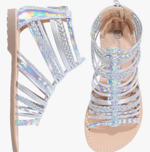 Girls Gladiator Sandals Shimmer Strapped Summer Flat Open Toe Ankle Sandals with Heel Zipper for Little/Big Kids Size 1US