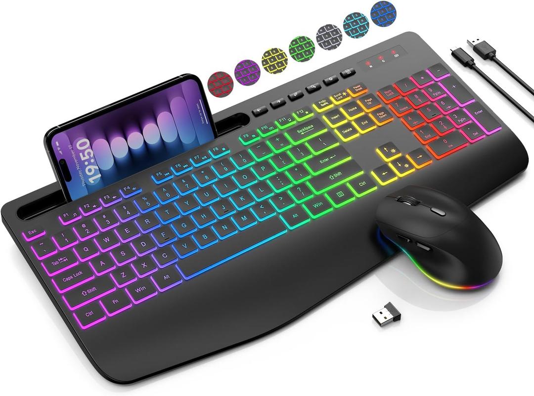 Wireless Keyboard and Mouse Combo, 9 Backlit Effects, Wrist Rest, Phone Holder, 2.4G Lag-Free Ergonomic Keyboards, Rechargeable Silent Cordless Set for Computer, Laptop, PC, Mac, Windows -SABLUTE (Classic Black)