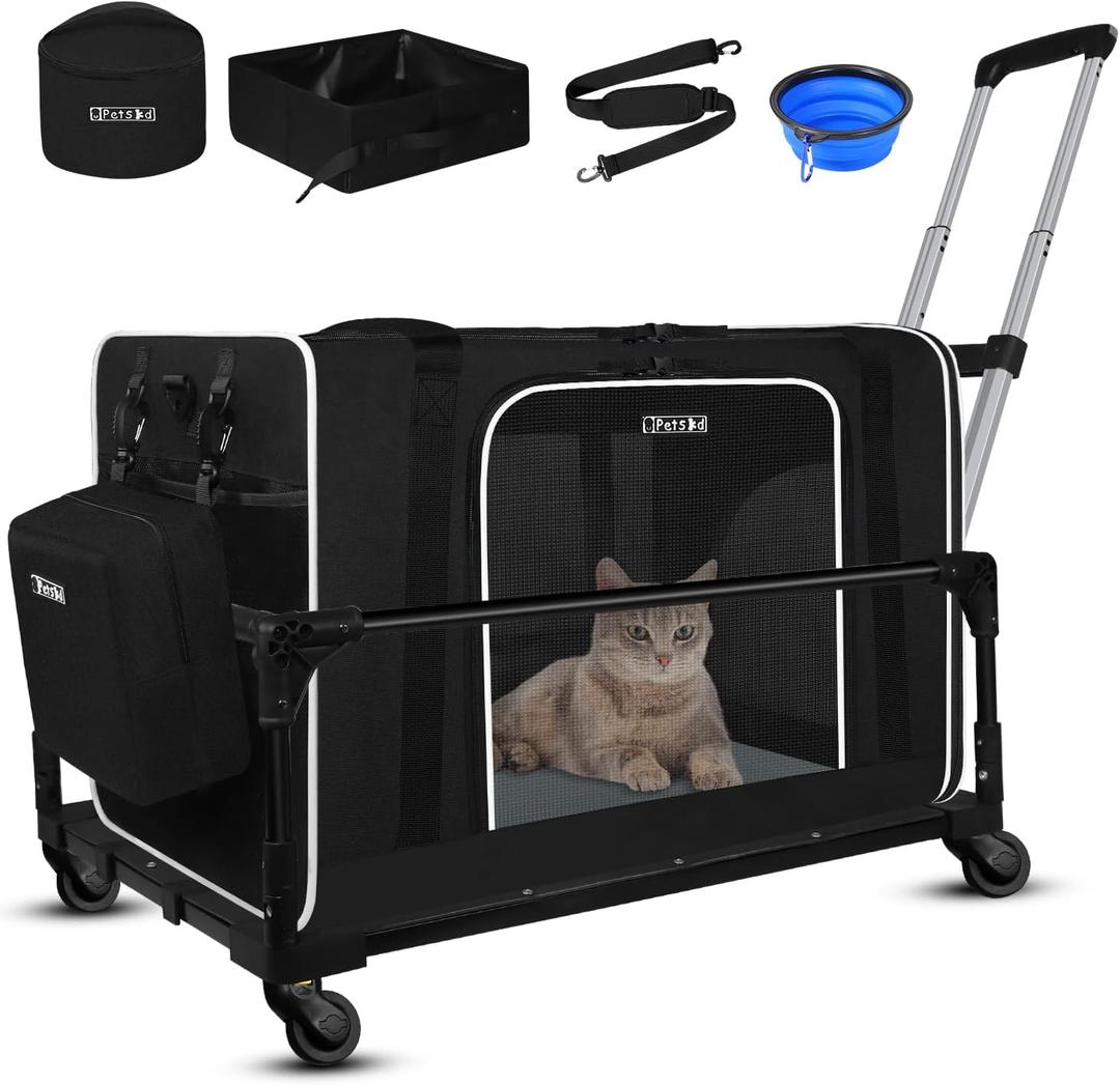 Petskd Extra Large Cat Carrier with Wheels and Litter Box 24"x17"x17" for Large Cat or 2 Small Cats, Soft-Sided Cat Carrier with Lockable Safety Zippers(Black)