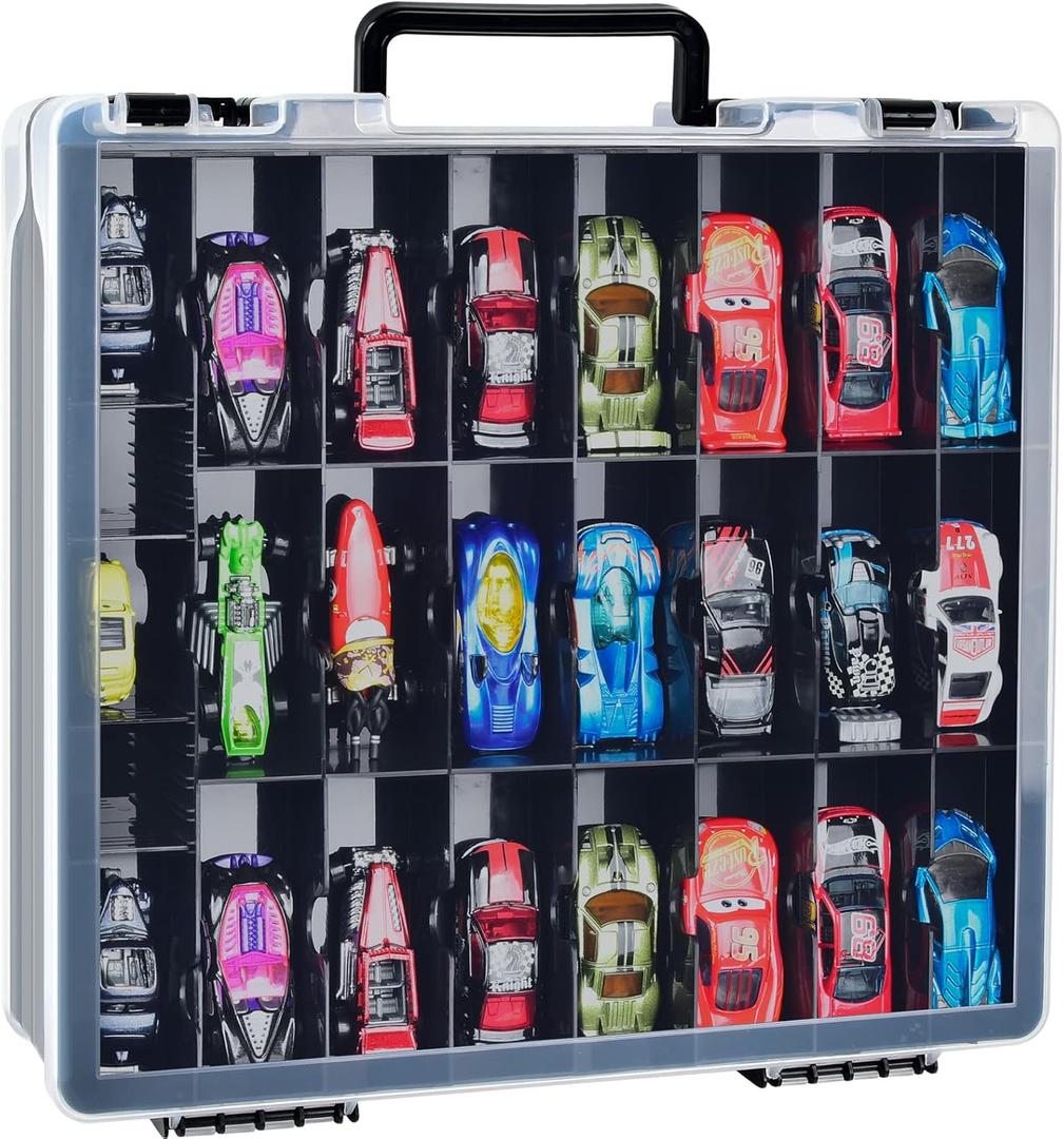 Double Sided Toy Storage Organizer Case for Hot Wheels Car, for Matchbox Cars, for Mini Toys, for Small Dolls. Carrying Box Container Carrier with 48 Compartments - Black (Box Only)
