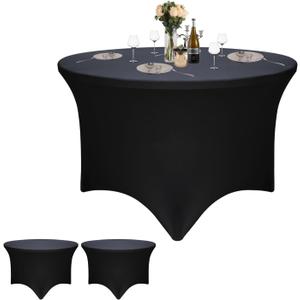 2 Pack Black 48-Inch Diameter x 30-Inch High Round Spandex Tablecloth for 4FT Round Tables|Fitted Stretch Tablecloth with Foot Bag for Party, Wedding, Birthday, Banquet, Vendor Stand