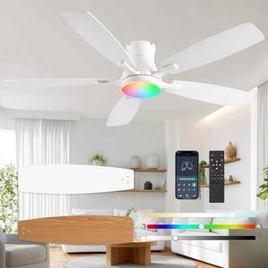 FUMLTP Ceiling fans with Lights, 54Inch RGB Low Profile Ceiling fan with Light and Remote Control, Dimmable, Reversible DC Motor, Noiseless, 6 Speeds, Flush Mount White Ceiling Fan For Livingroom