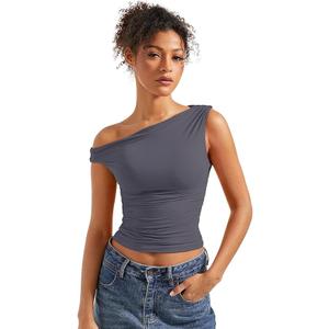 Women Off Shoulder Tops Sleeveless Shirts, Grey, XL