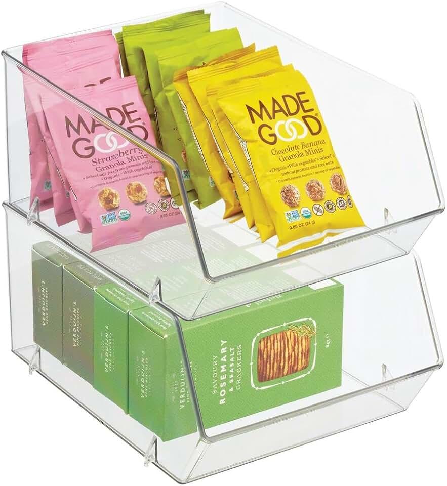 mDesign Plastic Stacking Food Storage Bin for Kitchen Cabinet, Pantry, Shelf, Fridge/Freezer - Organizer for Fruit, Potatoes, Onions, Drinks, Snacks, Pasta - 11" Deep - 2 Pack - Clear