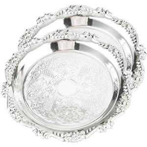 2PCS Coffee Table Tray 11.8in Round Decorative Tray Vintage Metal Dessert Plates for Snacks Fruit Silver