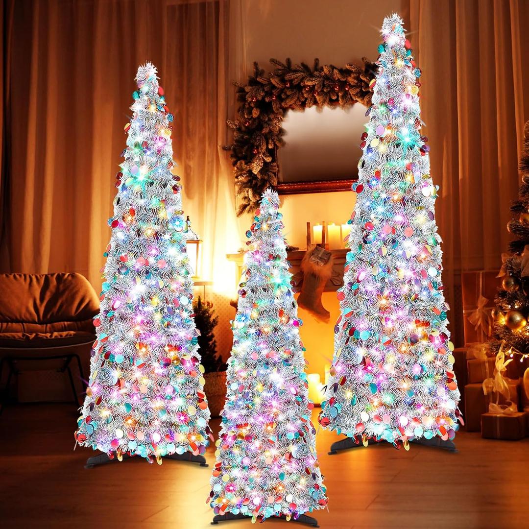 Shappy 4/5/6 Ft Collapsible Christmas Tree with Lights Artificial Pop up Tinsel Pencil Skinny Xmas Trees for Home Party Holiday Decorations(Silver,3 Set)